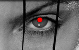 white and black woman eye picture with a red pupil